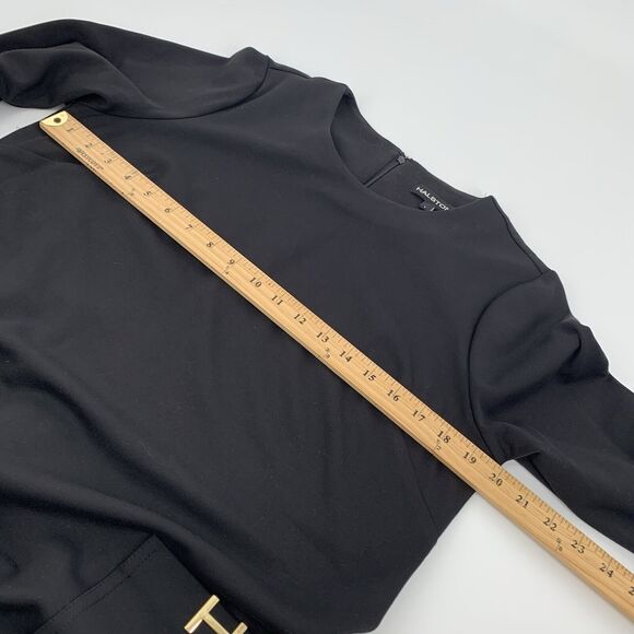 Halston Long Sleeve Tunic Top Size Large Womens Solid Black Gold Detail Blouse L - Picture 7 of 7